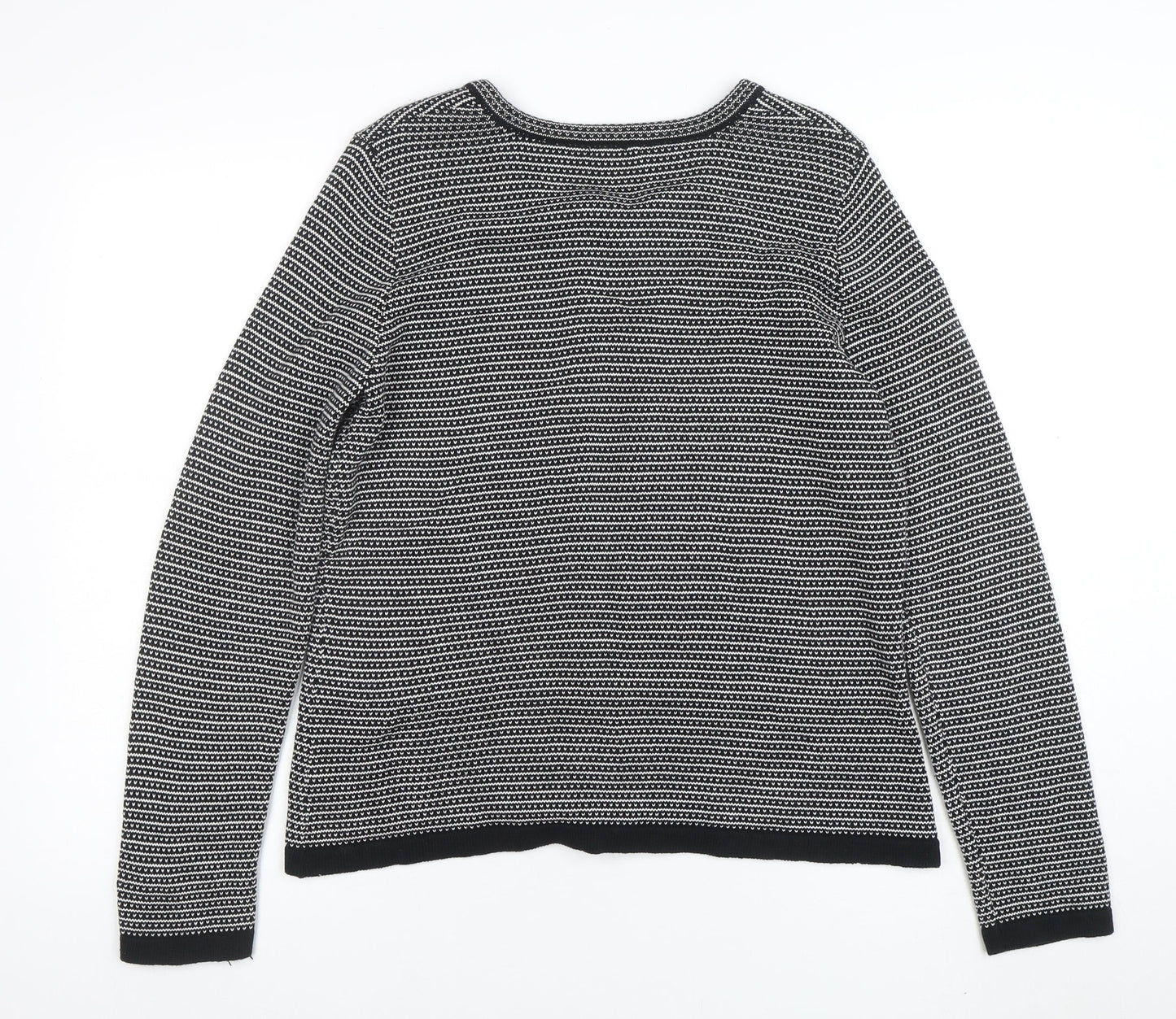 Anne Weyburn Women Black Striped Knit Cardigan Size 12 Classic Round Neck