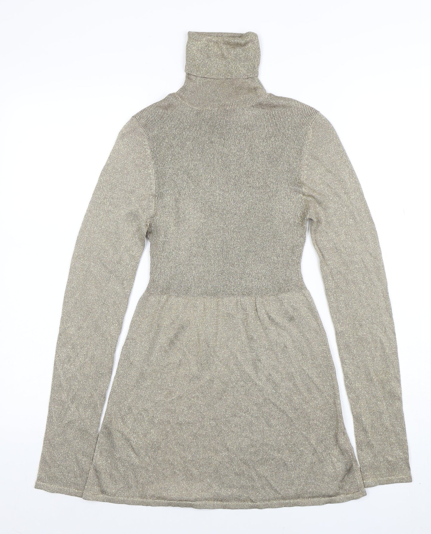 ZARA Women's Gold Knit Roll Neck Fit & Flare Dress Size 12