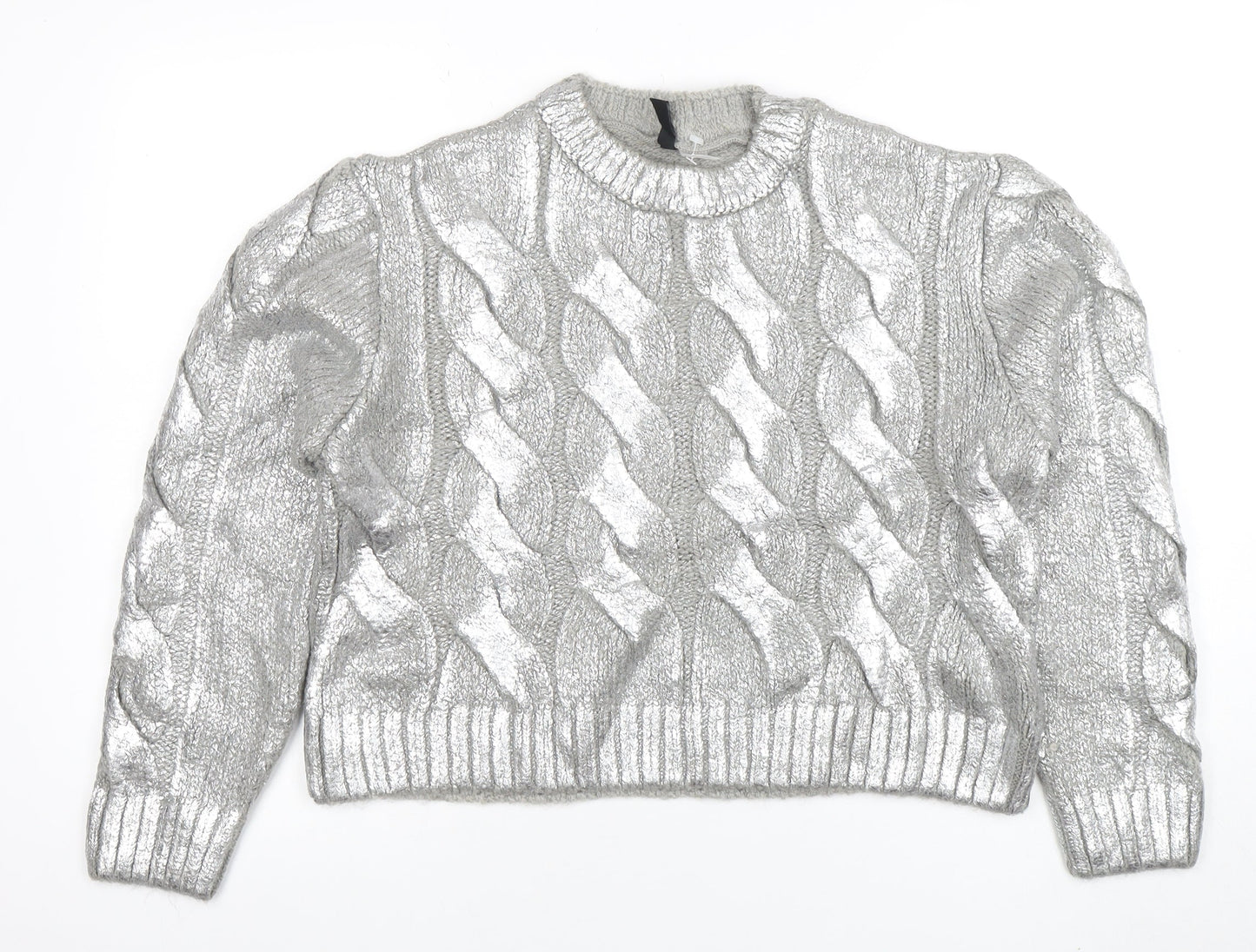 H&M Divided Women Silver Cable-Knit Metallic Pullover Jumper Size M