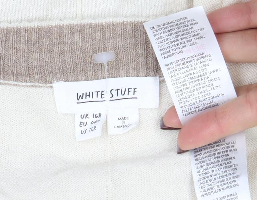 White Stuff Women Beige Cream Blue V-Neck Colourblock Cotton Jumper L