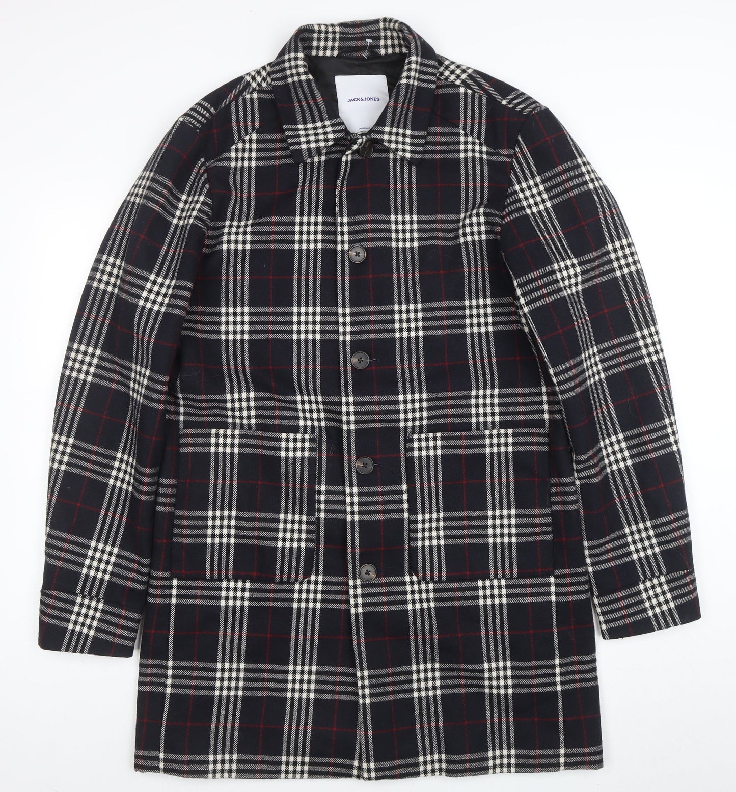 Jack & Jones Unisex Black Checked Long Overcoat L Polyester