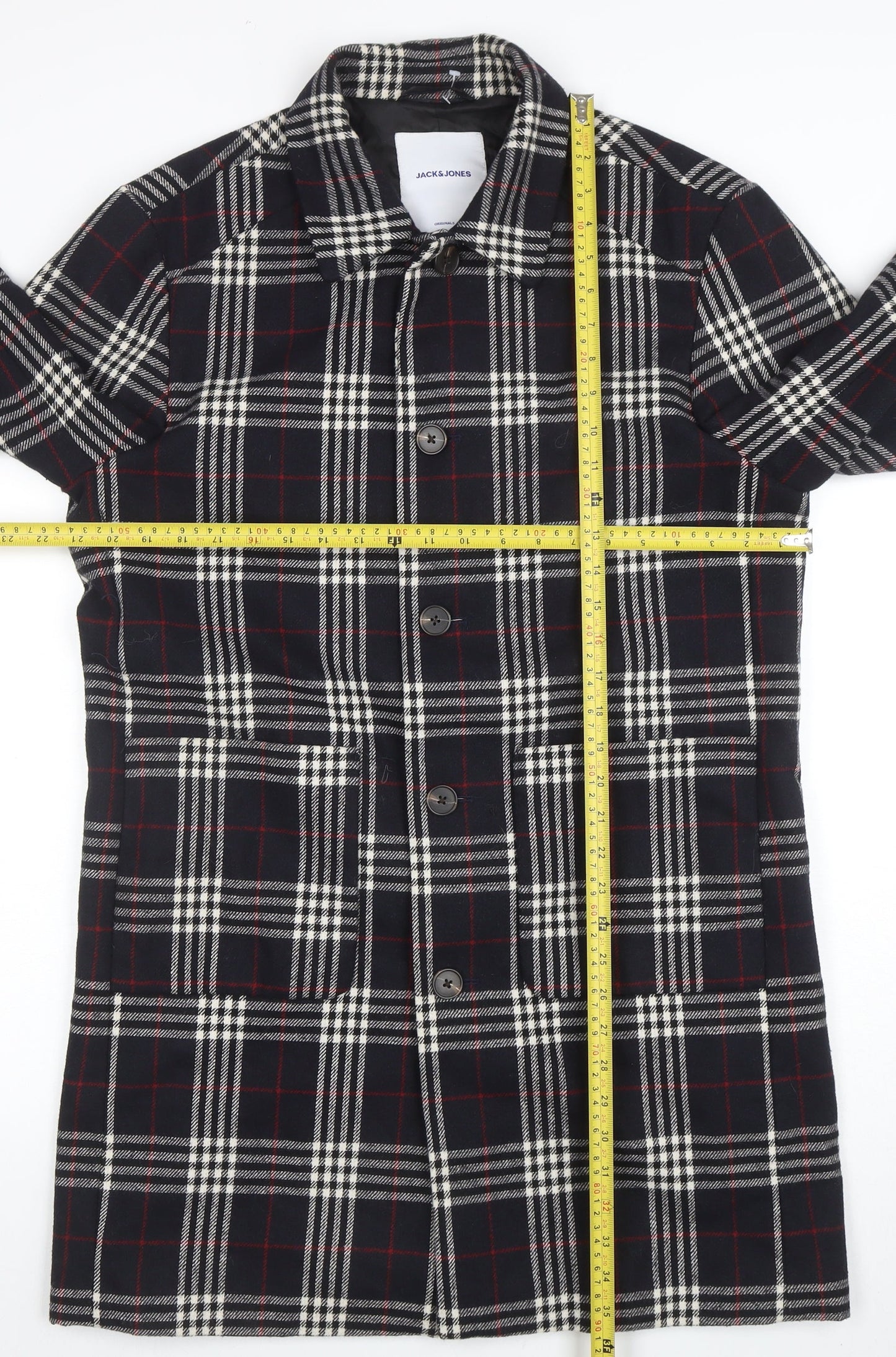Jack & Jones Unisex Black Checked Long Overcoat L Polyester