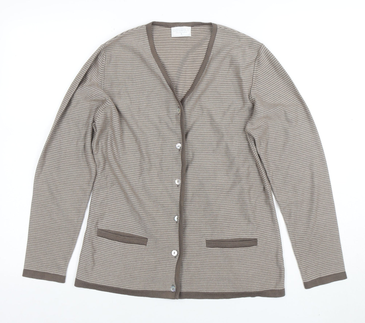 Cotswold Collections Women Beige Striped Cotton Cardigan Size S