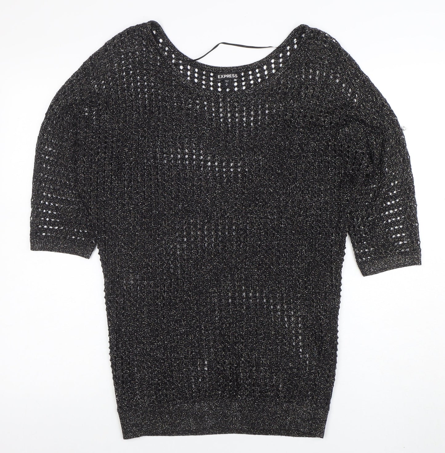 Express Womens Black Metallic Knit Boat Neck 3/4 Sleeve Blouse M