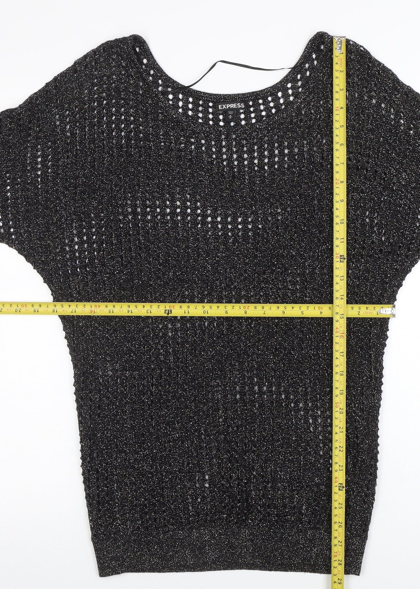 Express Womens Black Metallic Knit Boat Neck 3/4 Sleeve Blouse M