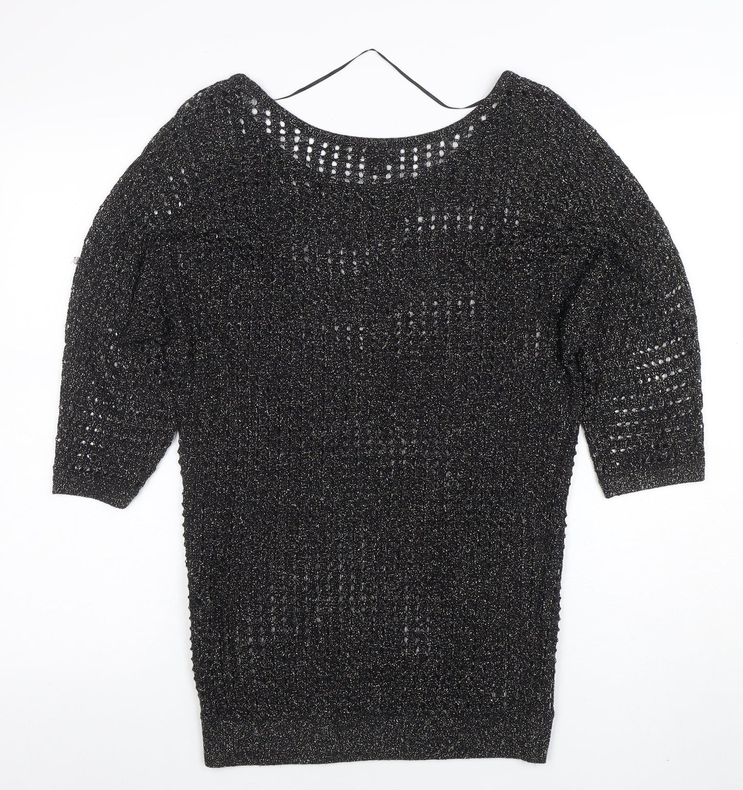 Express Womens Black Metallic Knit Boat Neck 3/4 Sleeve Blouse M