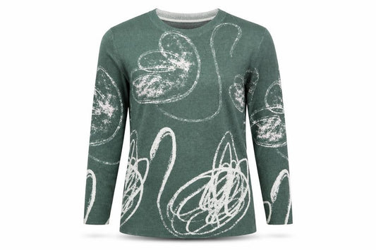 Parfois Women’s Green Swan Print Long Sleeve Cotton Blend Top XS