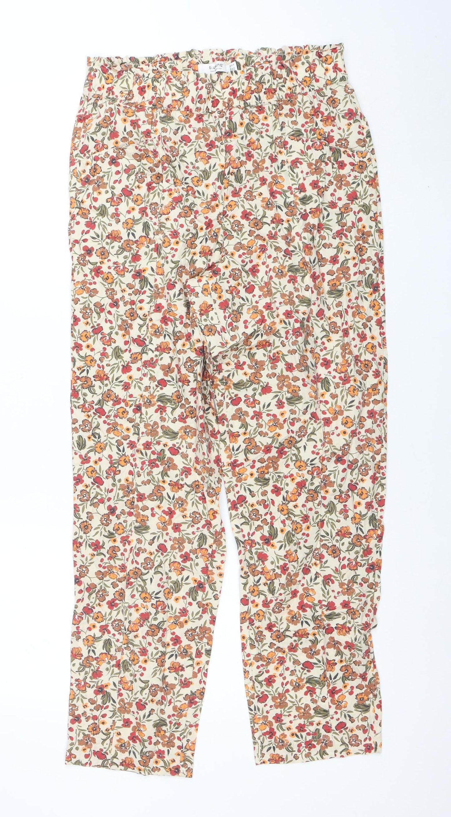 b.young Womens Beige Floral Cotton Straight Trousers Size 8