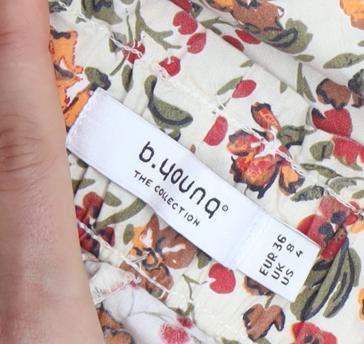 b.young Womens Beige Floral Cotton Straight Trousers Size 8