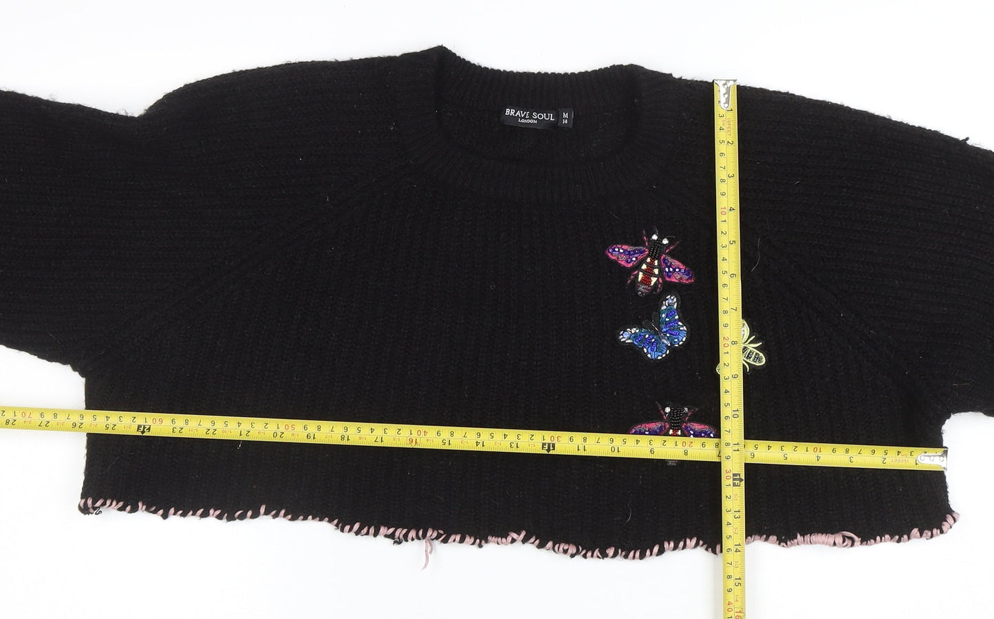 Brave Soul Women's Black Beaded Butterfly Chunky Knit Jumper Size 14