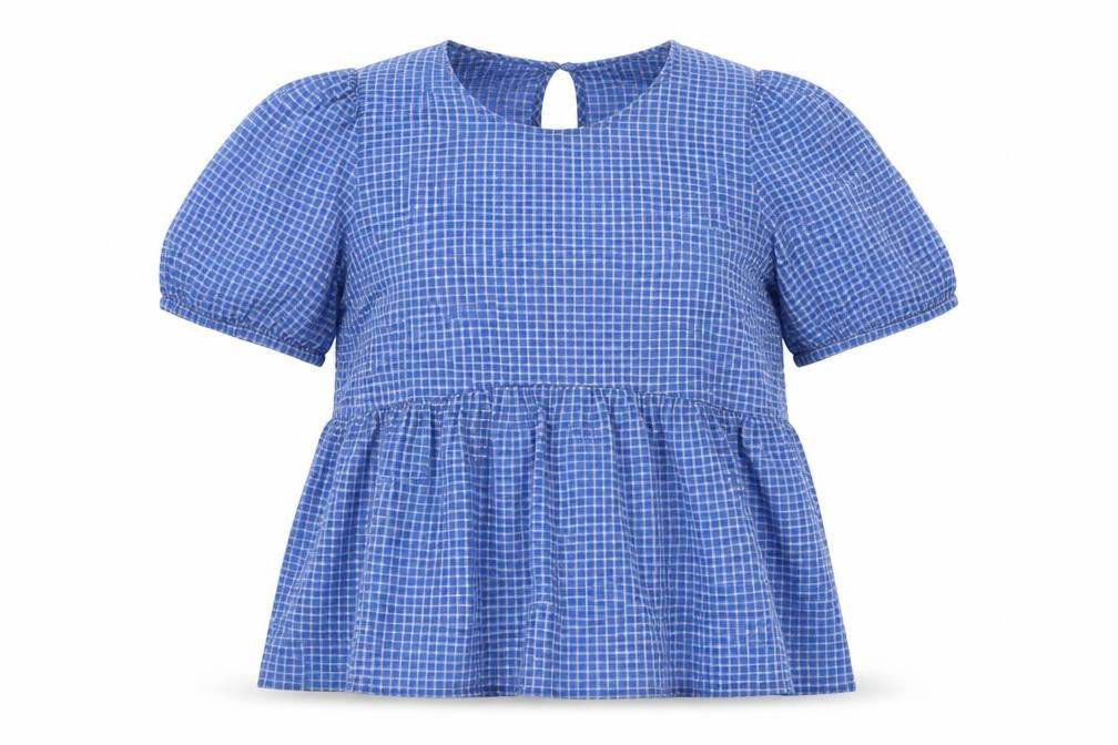 Object Women's Blue Check Puff Sleeve Tunic Blouse Size M