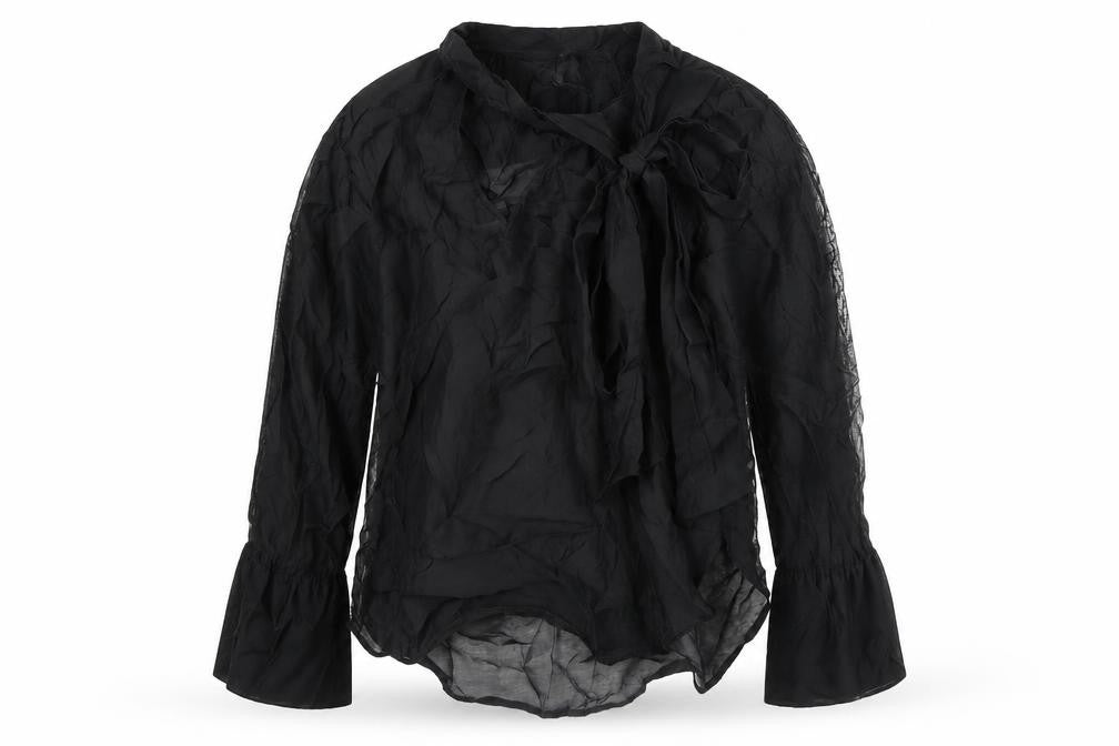 H&M Women's Black Chiffon Bow Blouse Size S Long Sleeve Wrap Style