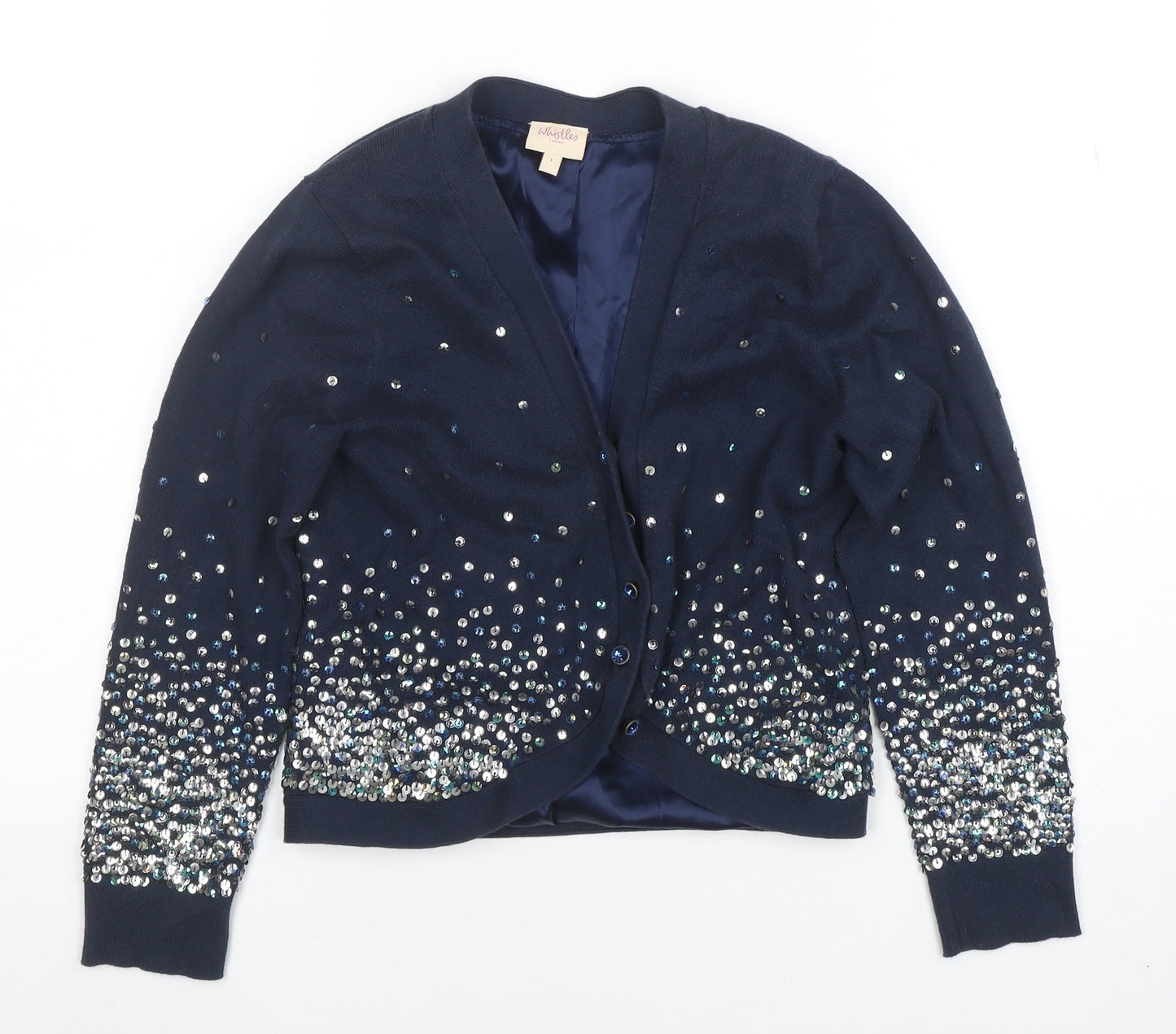 Whistles Women’s Blue Sequin V-Neck Long Sleeve Cardigan Size 10