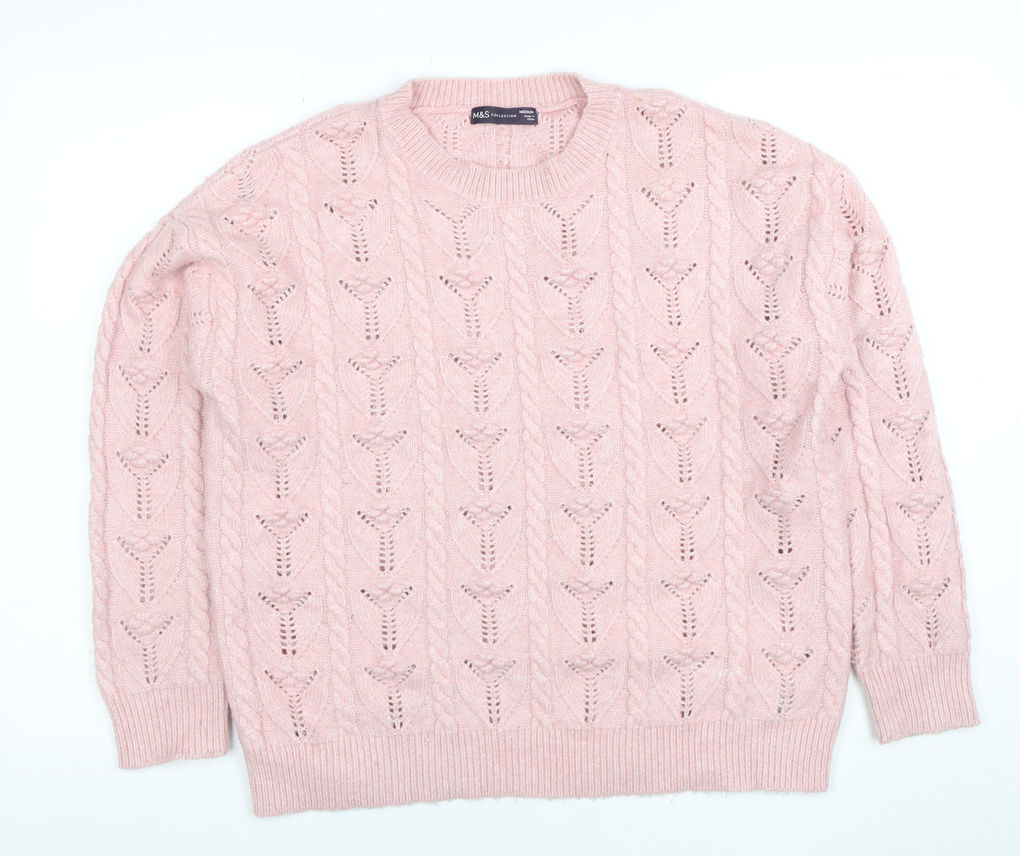 Marks and Spencer Women Pink Cable Knit Crew Neck Jumper Medium
