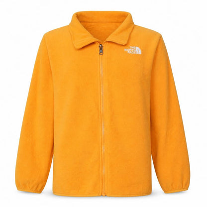 Front view of The North Face boys’ orange fleece full zip jacket, size 10-11, years