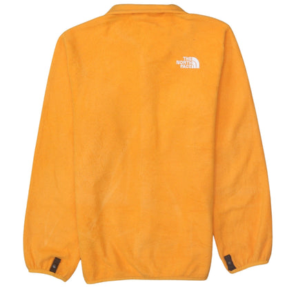 Brand and care label for The North Face boys’ orange fleece full zip jacket, size 10-11, years