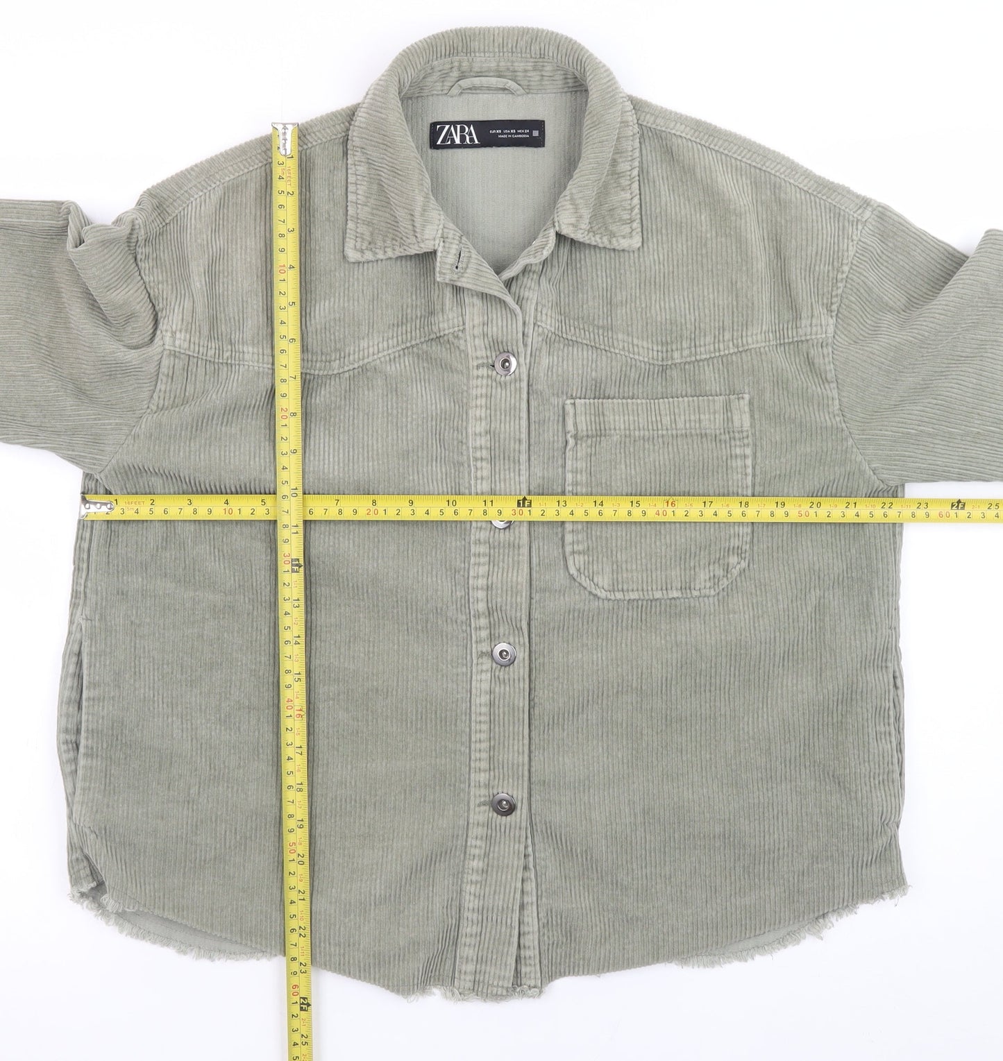 Zara Women Green Corduroy Basic Jacket XS Cotton Buttoned