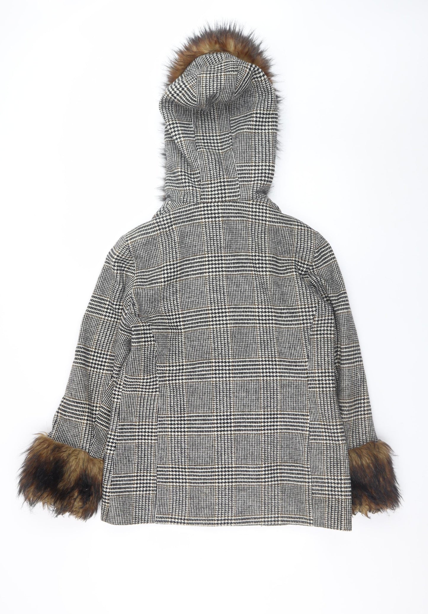 Miss Selfridge Women's Grey Check Fur Trim Hooded Duffle Coat Size 10