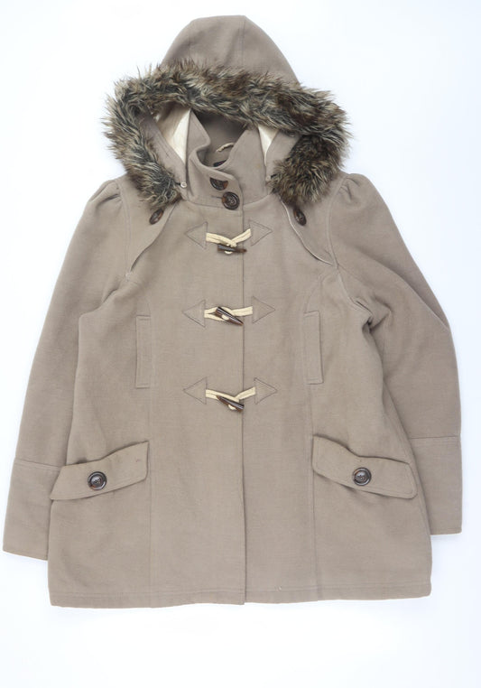 New Look Women’s Beige Hooded Duffle Coat Faux Fur Trim UK 18