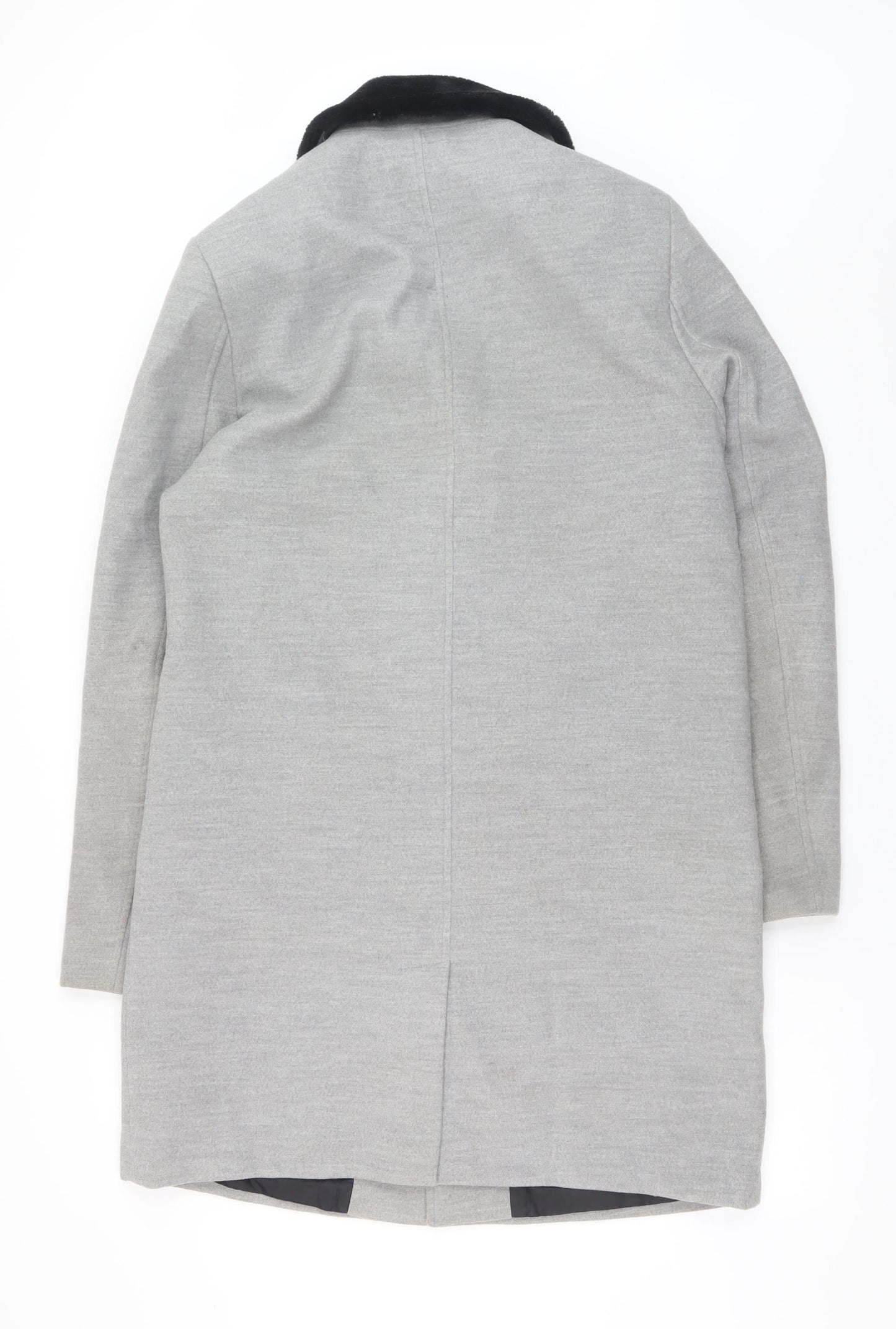 boohooMAN Men's Grey Faux Fur Collar Overcoat L Regular Fit Polyester Blend