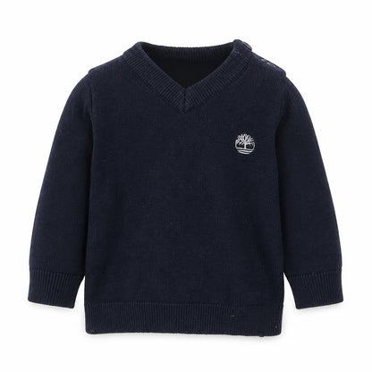 Front view of Timberland boys’ black cotton v-neck pullover sweater 6m