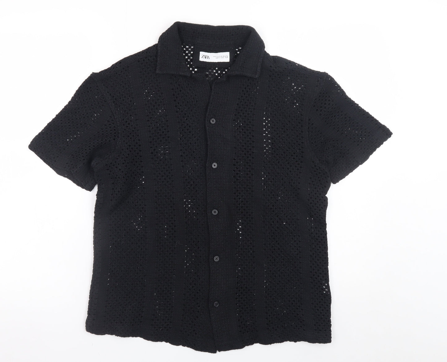 ZARA Men’s Black Crochet Short Sleeve Collared Button Cardigan S