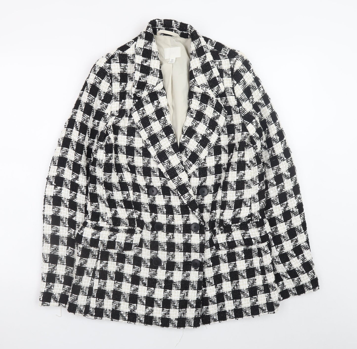 H&M Women's Black White Check Tweed Blazer Size 10