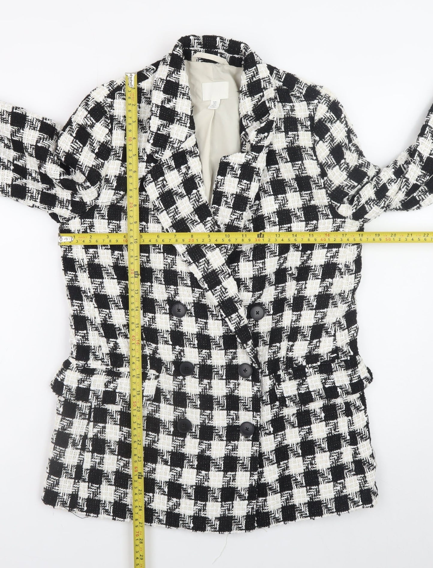 H&M Women's Black White Check Tweed Blazer Size 10