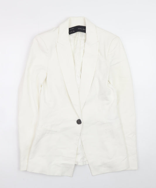 Zara Women White Slim Fit Cotton Blend Blazer Jacket Size S