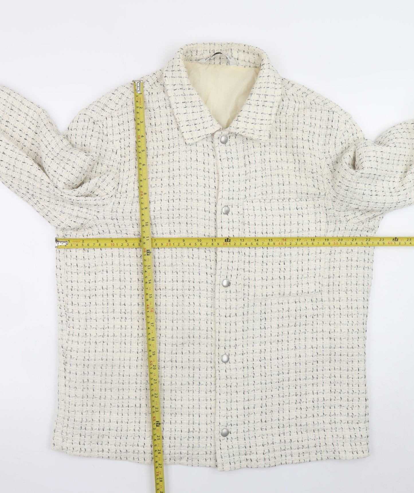 Zara Women Ivory Tweed Mid-Length Jacket Size 14 Classic Style