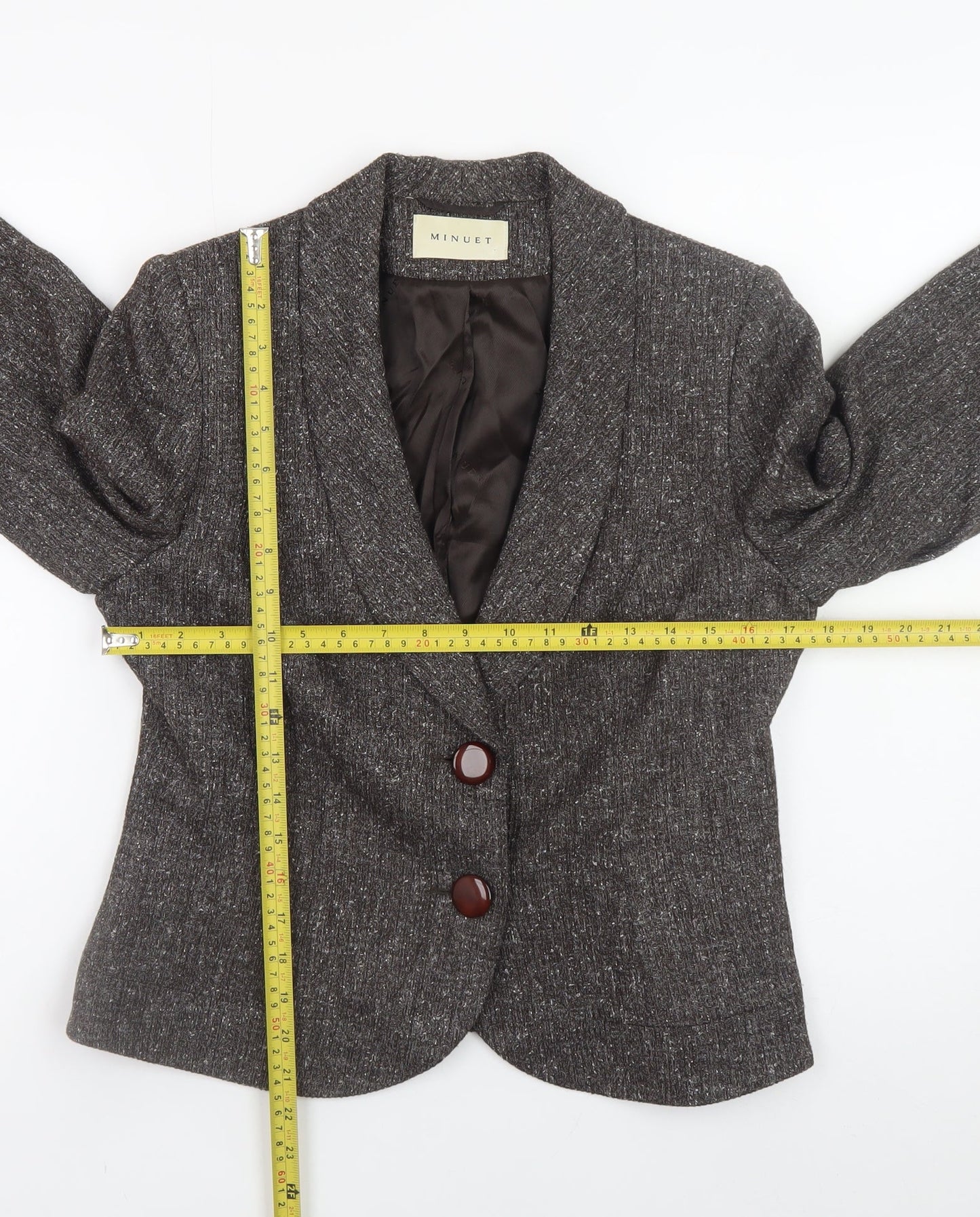 Minuet Women Brown Tweed Blazer Size 12 Lined Buttoned Jacket