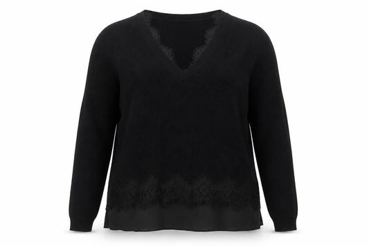 Front view of Roman Women’s Black V-Neck Long Sleeve Ribbed jumper, size UK 16