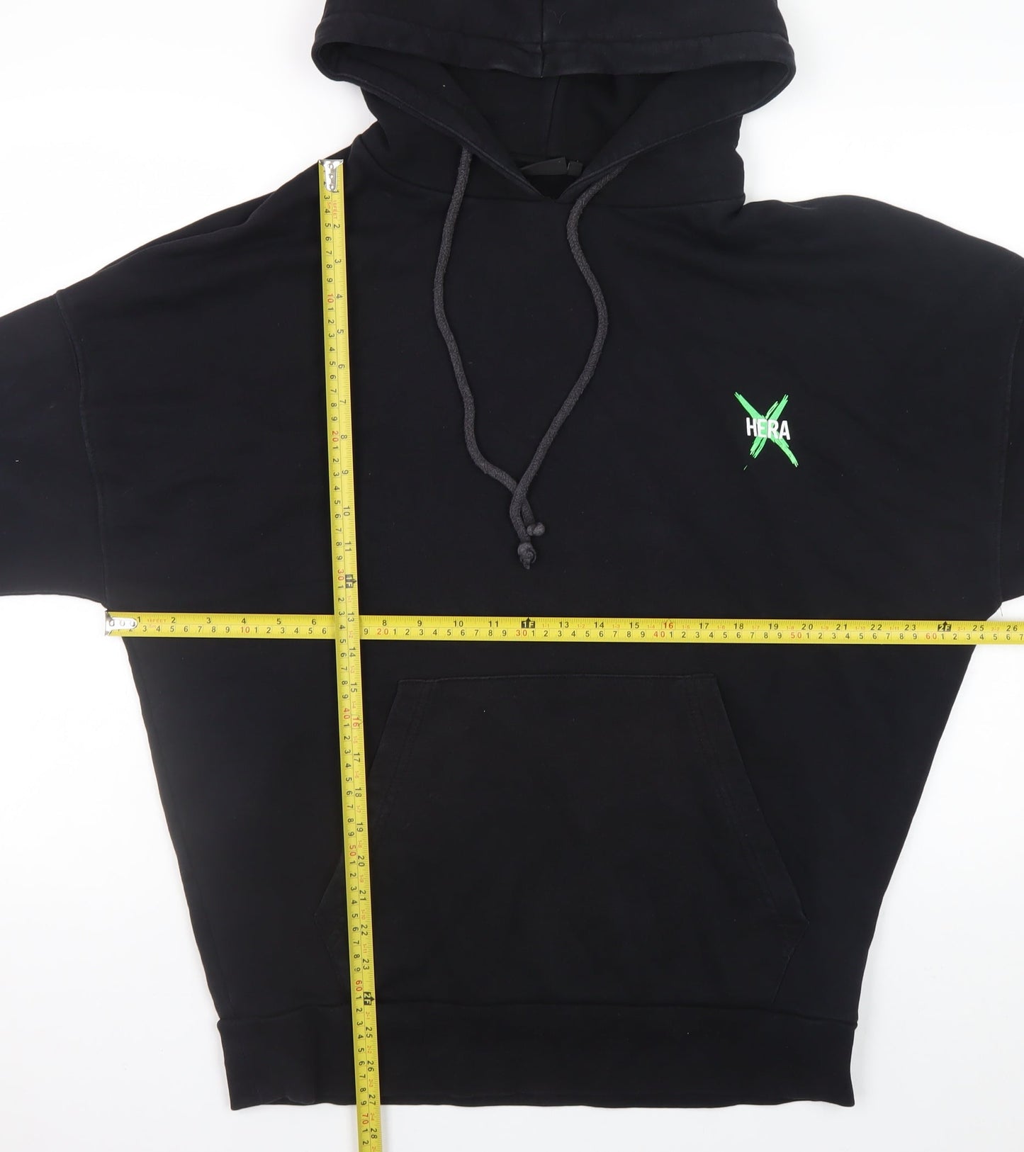 HERA Mens Black Graphic Pullover Hoodie Size S Relaxed Fit