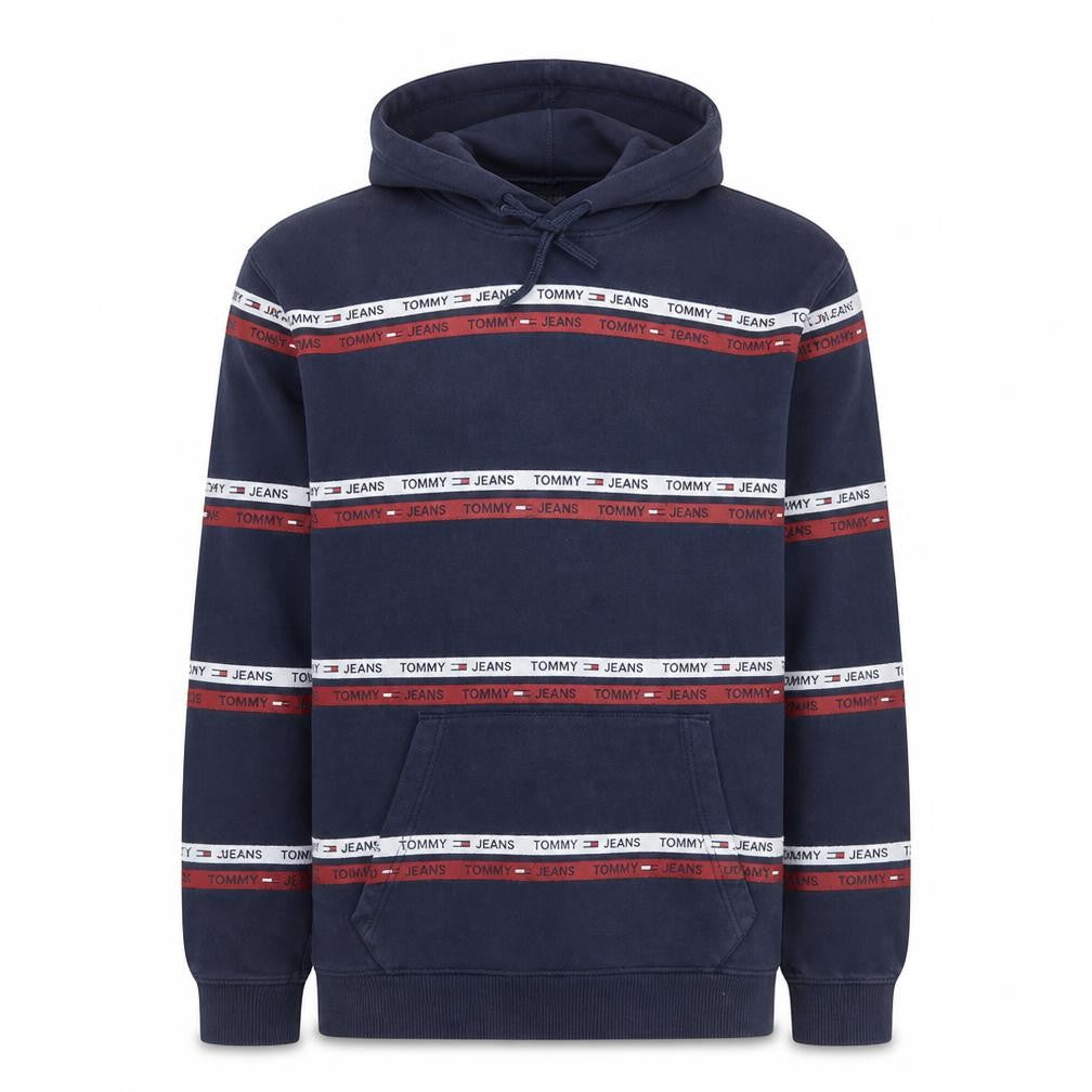 Tommy Jeans Men’s Blue Pullover Hoodie M Logo Striped Fleece