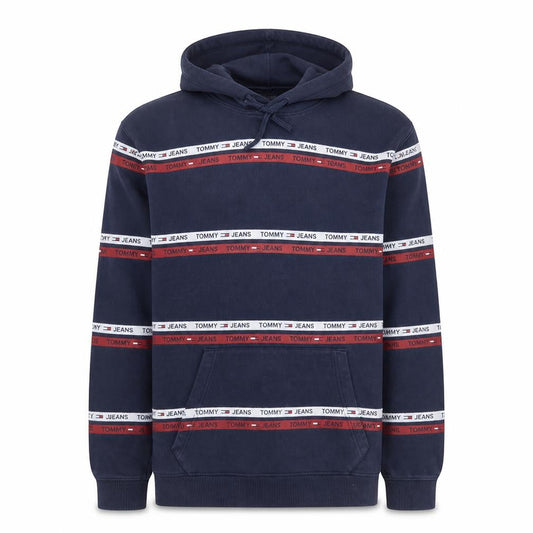 Tommy Jeans Men’s Blue Pullover Hoodie M Logo Striped Fleece