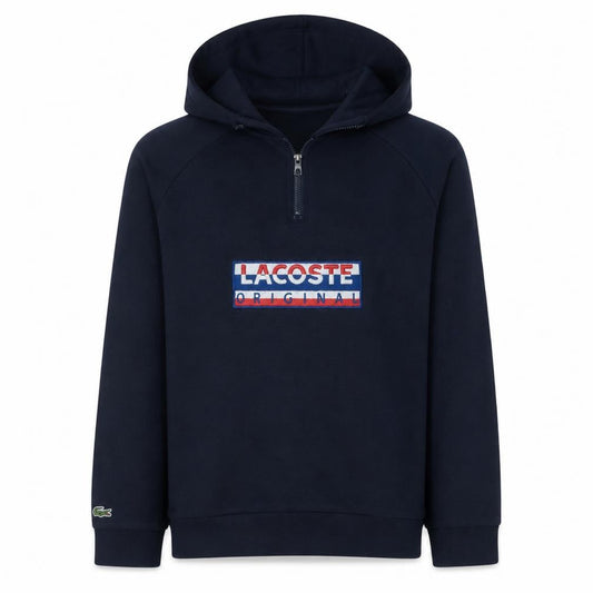 Front view of Lacoste Men's Blue 1/4 Zip Hooded Sweatshirt M Pullover Fleece