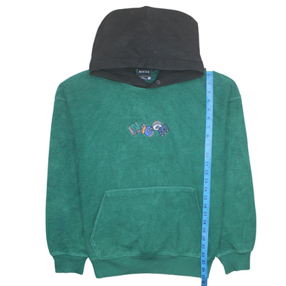 Close-up detail of NICCE Men's Green Pullover Hoodie Medium Embroidered Graphic Logo