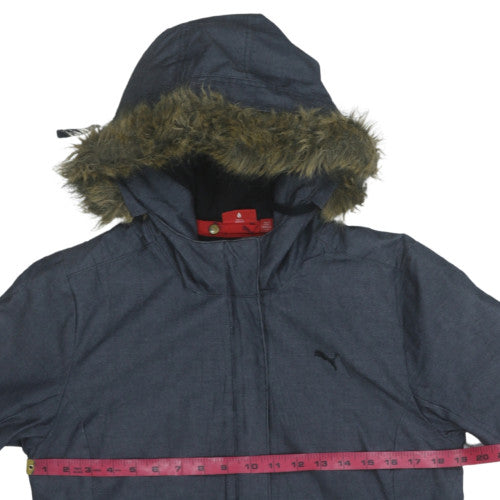 Puma Women's Blue Hooded Fur Trim Short Puffer Jacket Size M