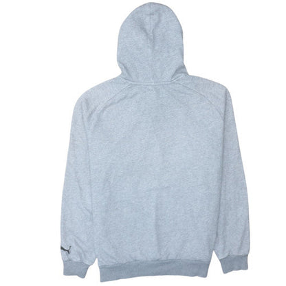 Brand and care label for Puma men’s grey pullover hoodie, size S, graphic fleece sweatshirt