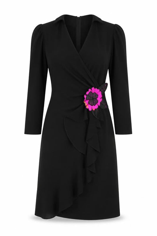 Helen Anderson Women’s Black Wool Wrap Dress Size 12 Long Sleeve Flower Detail