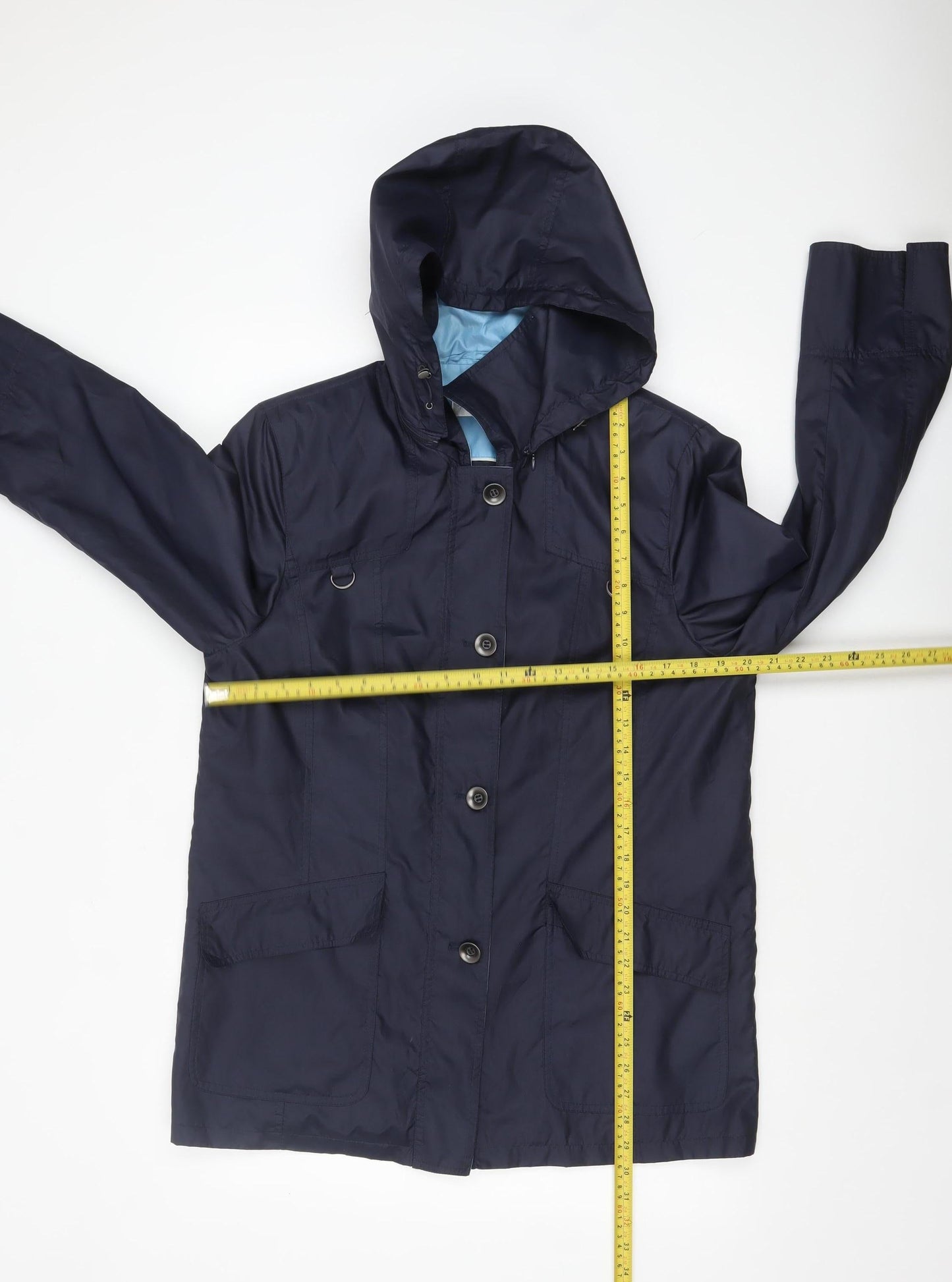 Peter Hahn Women's Blue Waterproof Hooded Mid-Length Rain Coat Size 16