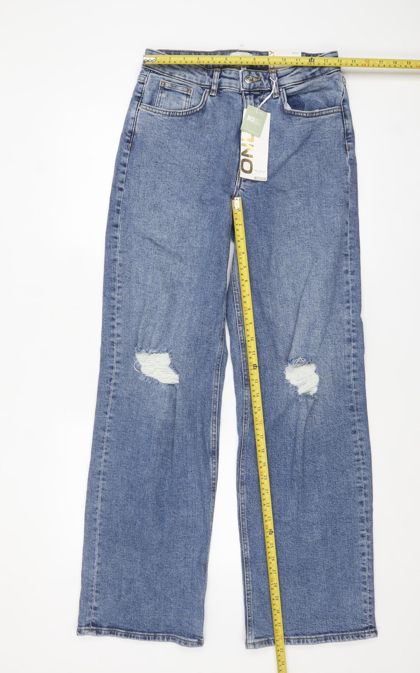 ONLY Women’s Blue Wide-Leg Distressed High-Rise Jeans Size 12