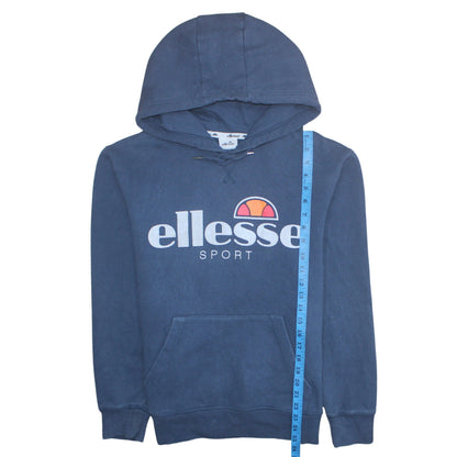 Back view of Ellesse Men's Blue Pullover Hoodie Small Logo Fleece Sweatshirt
