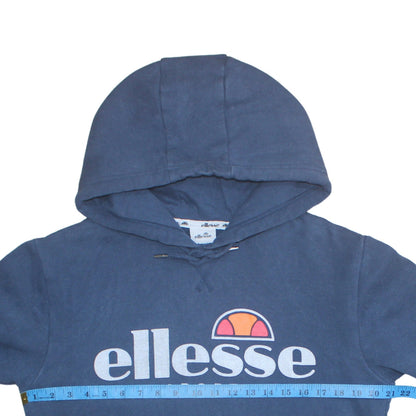 Close-up detail of Ellesse Men's Blue Pullover Hoodie Small Logo Fleece Sweatshirt