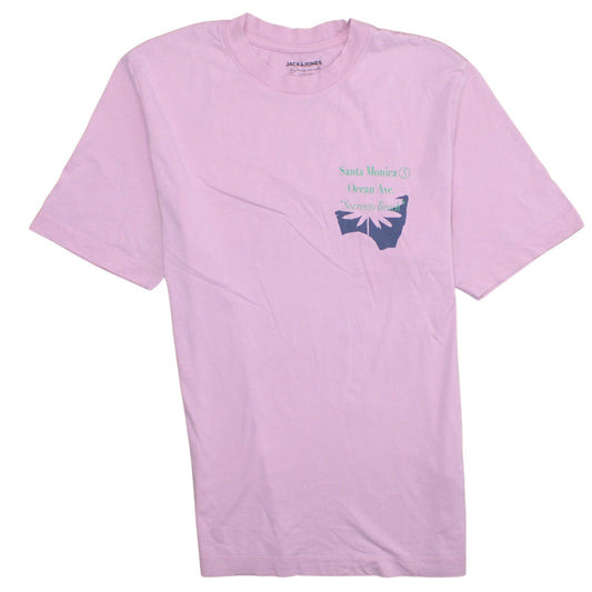 Jack & Jones Men's Pink Graphic Print Crew Neck Cotton T-Shirt Size L