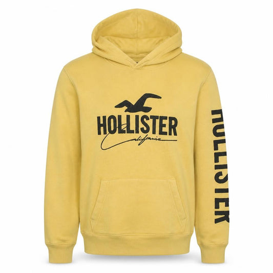Hollister Men's Yellow Pullover Hoodie Size M Graphic Logo Fleece