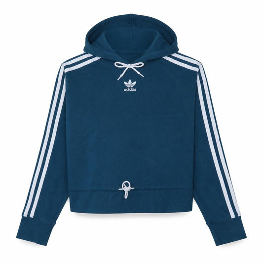 Adidas Women Blue Cropped Hoodie UK10 Drawstring Hooded Top