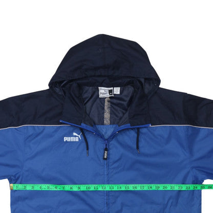 Back view of Puma Men's Blue Hooded Windbreaker Jacket, size M