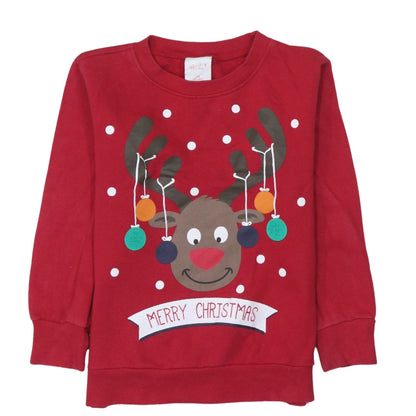 Additional front view of 4Kidz girls’ red reindeer christmas pullover sweatshirt 7-8 years
