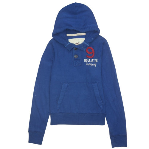 Hollister Men's Blue Henley Hoodie XL Embroidered Logo Fleece